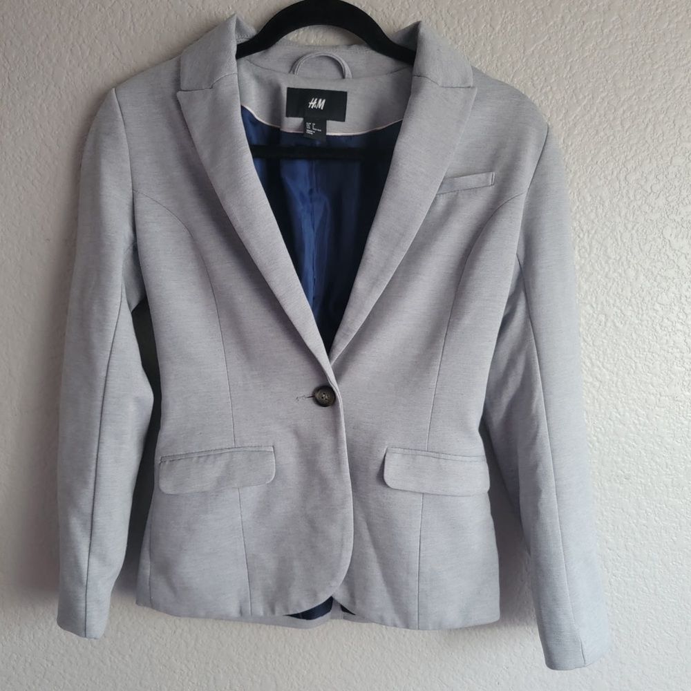 Grey H&M Blazer — Size 2 — Classic & Chic with Dark Blue Lining
